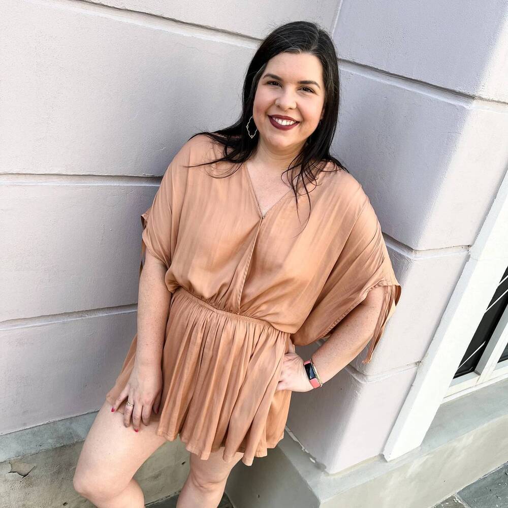 NEW HEYSON satin surplice romper in mocha